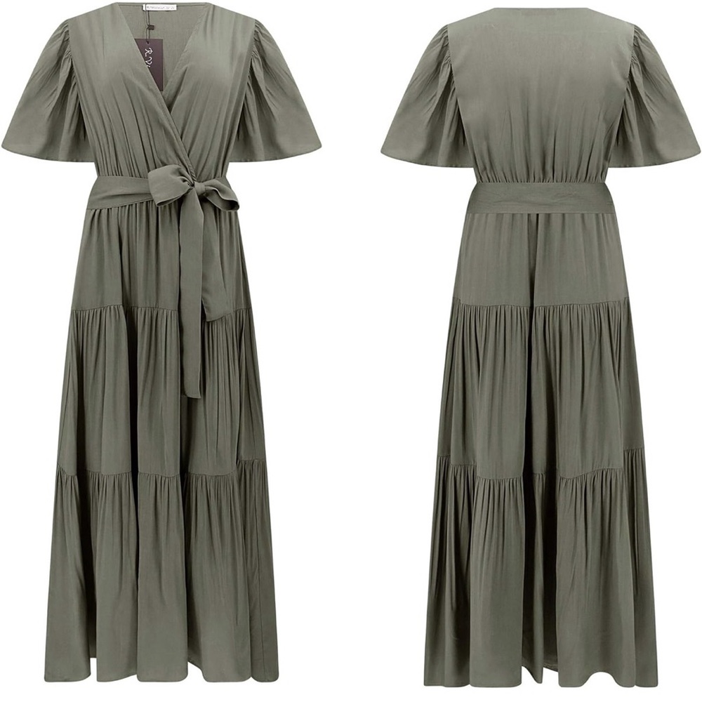 Dusty green midi dress with removable tie belt, R. Vivimos, size Small (4/6)